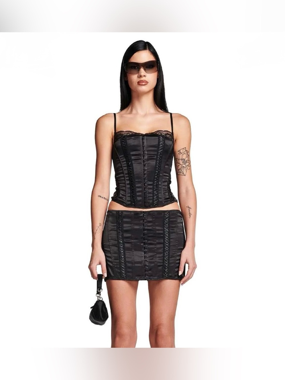 I.AM.GIA Lalita Black Satin Lace Trim Corset Top & Skirt Set — Size Small